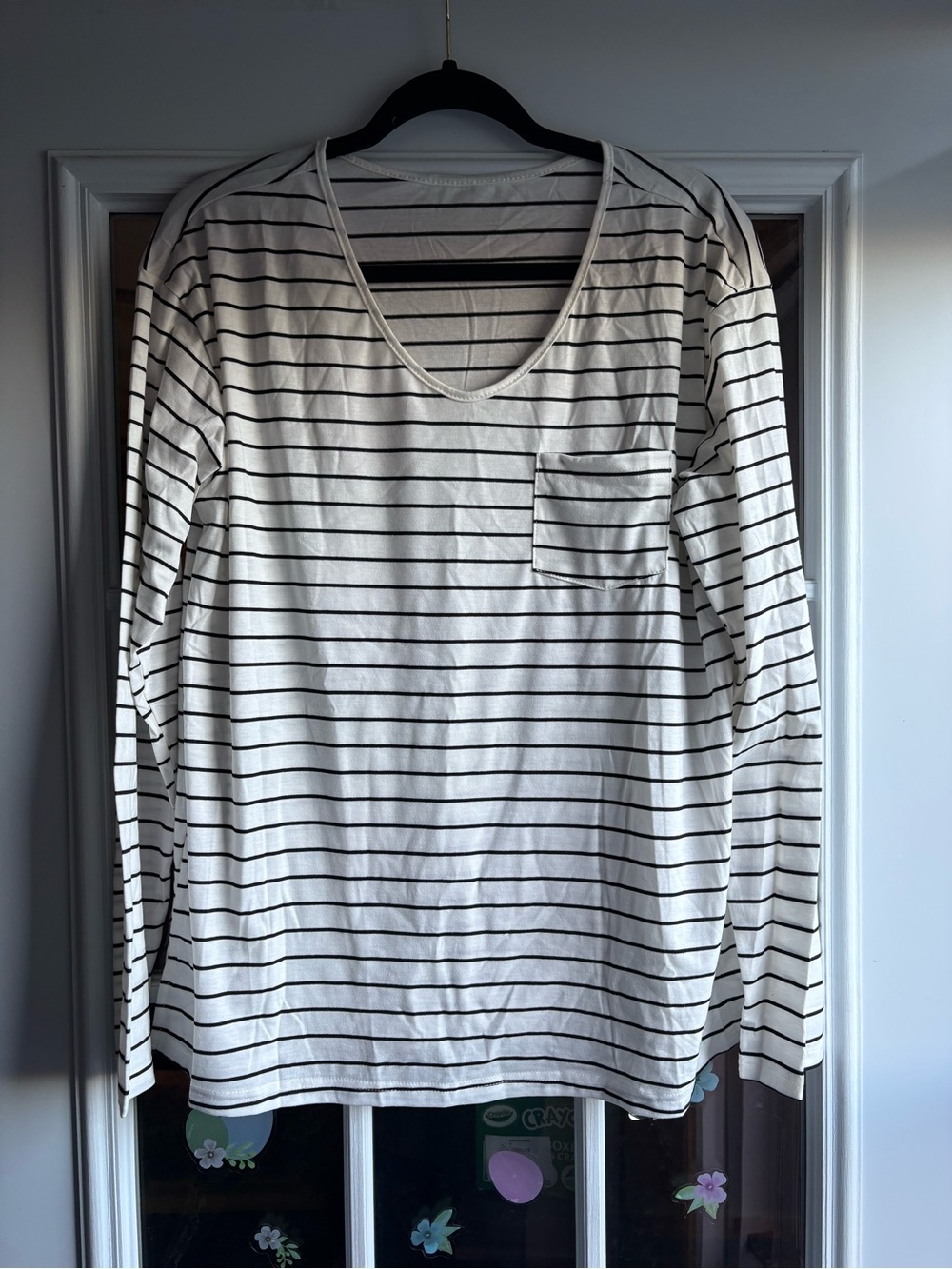 Women’s White and Black Striped Long-Sleeve Pocket Tee